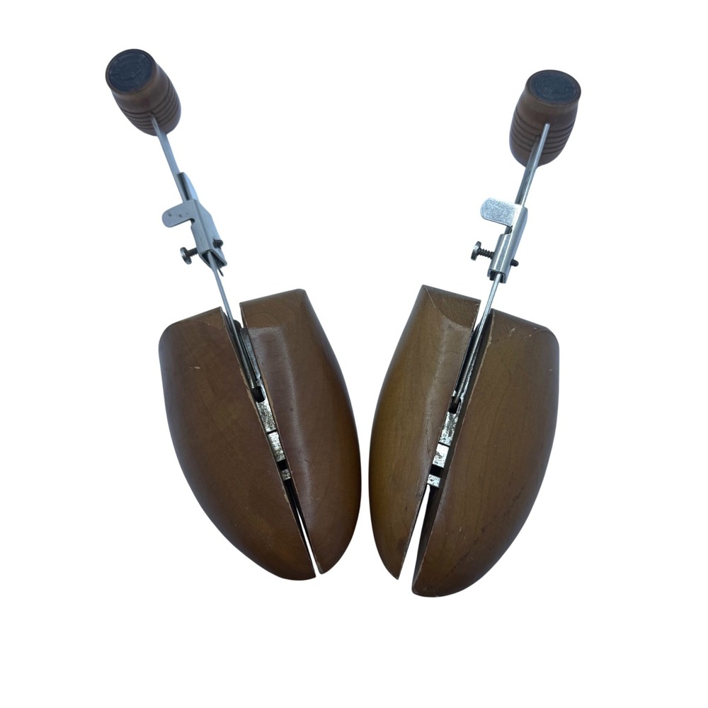 Vintage Florsheim Wood Shoe Trees Adjustable Split Toe Mens Brown Metal Hardware